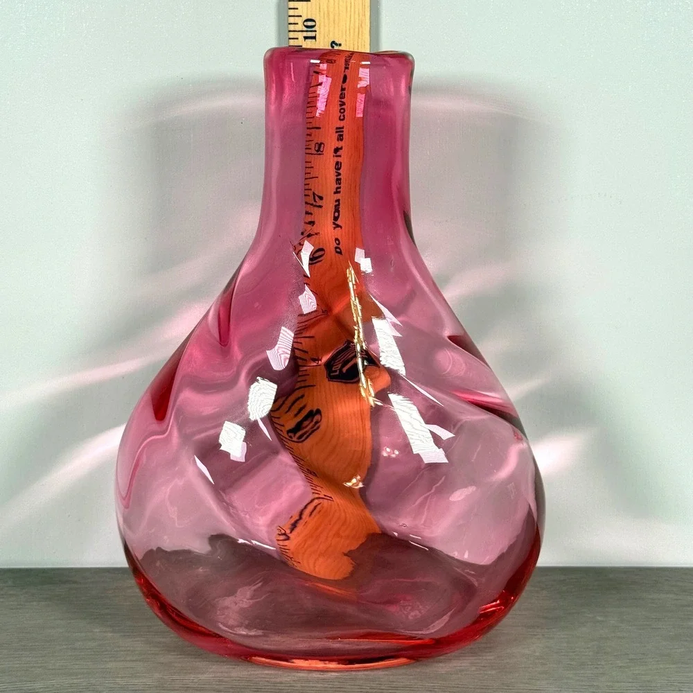 Vtg  MCM Hand Blown Glass Vase Cranberry Pink Swirl Optic 9.5